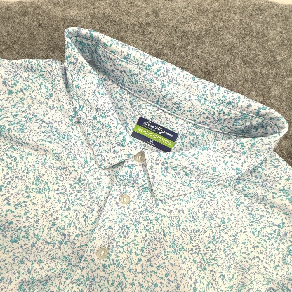 Ben Hogan Polo Shirt Mens 2XL XXL White Teal‎ Blue Abstract Performance Golf